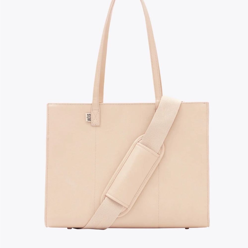 BÉIS Large Work Tote Beige Vegan Leather Laptop Bag – Good Condition/Used